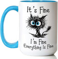 Funny Black Cat Coffee Mug – 15oz Sarcastic I am Fine Everything's Fine Cup – Big Ceramic Mug with Blue Handle – Microwave & Dishwasher Safe – Funny Gag Gift for Cat Lovers, Women, Coworkers