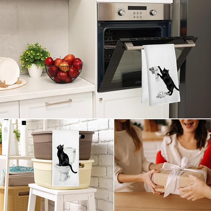 Funny Black Cat Hand Towels Gifts for Women Men, Black Cat Themed Decorative Hand Towels Set of 2, Cute Cats Dish Tea Towels for Kitchen Bathroom Washroom Toilet Decor Decorations, 16x24 Inch