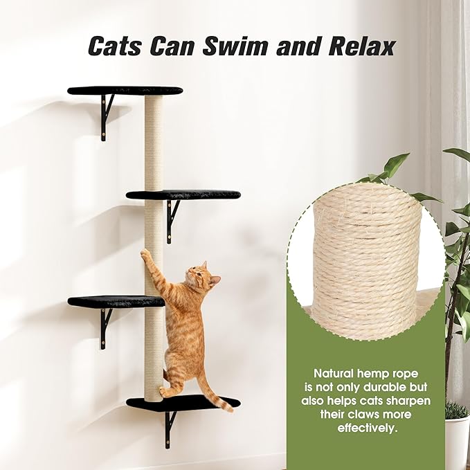 COZIWOW 5-Piece Cat Tree Set with Wall Mounted Cat Shelves, Cat Scratching Post & Cat Wall Furniture, Multi-Functional Indoor Cat Jungle Gym, Essential for Cat Room, Suitable for Large Cats (Black)