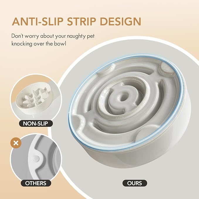 Ceramic 0.9 Cup Dog Bowl Slow Feeder, 6.1inch Slow Dog Food Bowl for Small Dog and Cat, Stop Bloat, Preventing Choking(Single Bowl, Vanilla White)