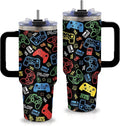 Gifts for Gamer - 40oz Game Tumbler with Straw and Handle, Leak-proof, Stainless Steel Insulated Tumblers, Travel Coffee Mug for Games Lovers Boys, Video Games Enthusiasts Gift Cup for Girls