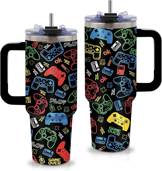 Gifts for Gamer - 40oz Game Tumbler with Straw and Handle, Leak-proof, Stainless Steel Insulated Tumblers, Travel Coffee Mug for Games Lovers Boys, Video Games Enthusiasts Gift Cup for Girls