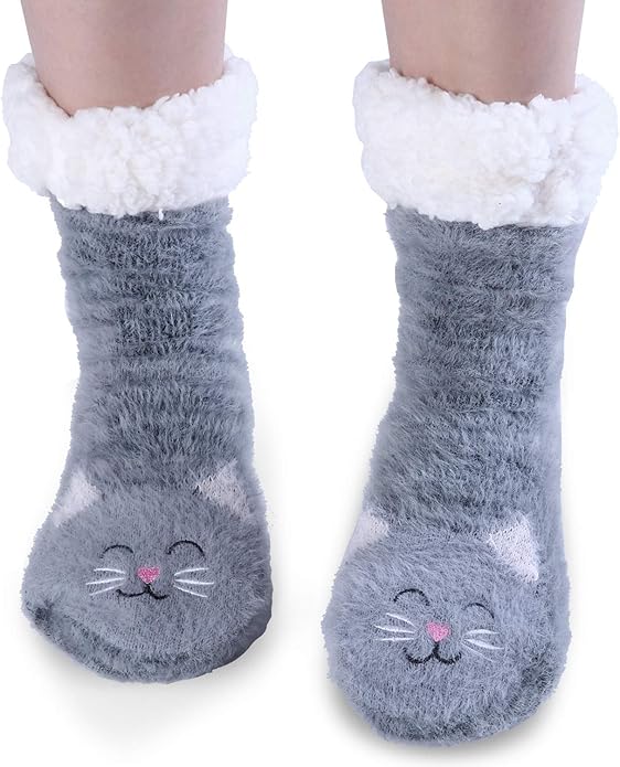 Jeasona Women’s Fuzzy Slipper Socks With Grippers Cozy Warm Cute Animal Gifts