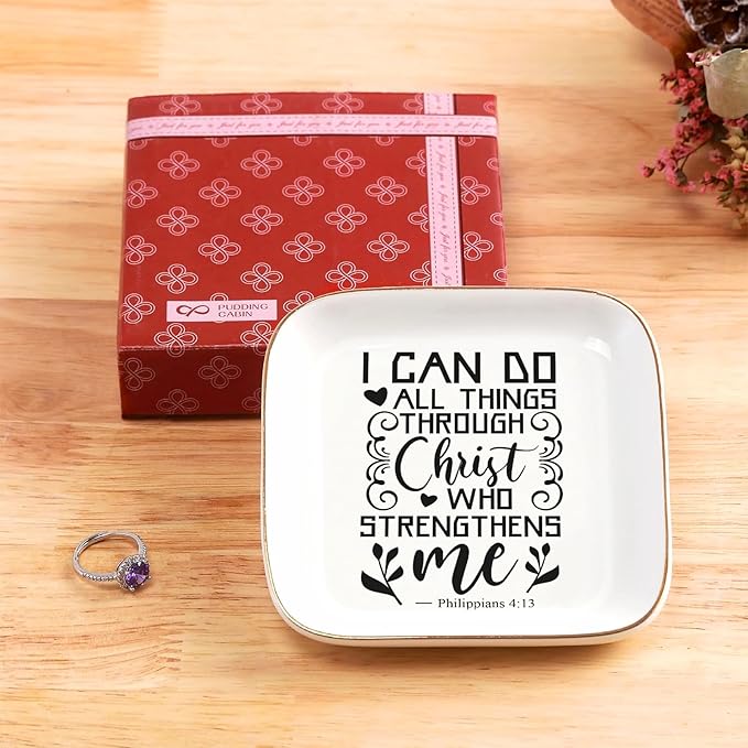 Christian Gifts for Women, Inspirational Religious Gifts for Women, Teenage Girls,Philippians 4:13 Bible Verse Ring Dish, Baptism Confirmation Birthday Mothers Day Chrismas Graduation Gift for Her