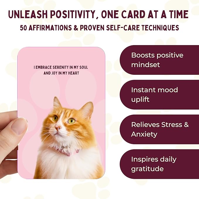 Positive Affirmation Cards for Stress & Anxiety Relief with Proven Self Care Techniques for Cat Lovers | Cat Mom Gifts for Women for Motivation & Relaxation for Birthday, Mothers Day | Cats Presents