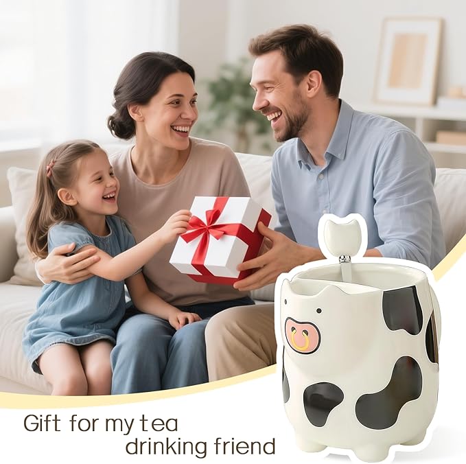 Yuwu 17oz Cow Mug with Built-in Tea Bag Holder and Spoon-Cute Glossy Ceramic Animal Cup for Milk Tea, Coffee, Kids, Girls-Farm Gift for Birthday, Christmas (white)