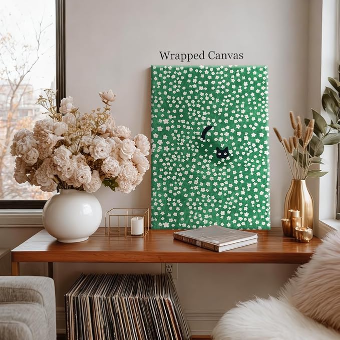 Black Cat Canvas Wall Art, Cute Cat In Daisies Meadow Aesthetic Poster, Adorable Animal Picture Rich Green Print Painting for Bedroom, Nursery Wall Decor Pet Lover Gift 8x10in Wrapped Canvas