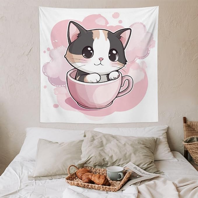 MaSiledy Tapestry Kawaii Cat Tapestries for Bedroom Aesthetic Cat Lover Gifts Tapestry As Wall Art Wall Hanging for Bedroom Living Room Dorm Landscape 60"x60" Tapestries for Bedroom Living Room Dorm