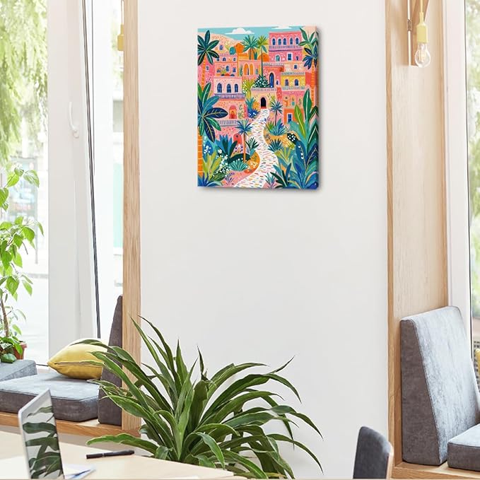 Pink Town Landscape Wall Art, Path with Palms Framed Canvas Print Modern Home Decor, Colorful Trendy Artwork Botanical Painting for Living Room Entryway Bedroom Office Decoration 15x11.4 inch