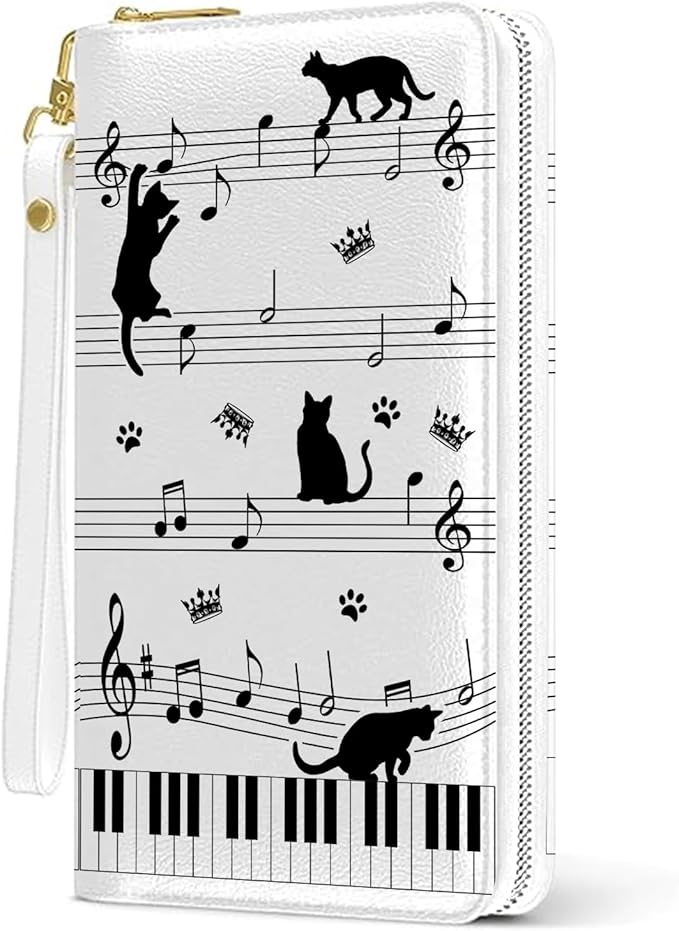 Womens Wallet, Black Cat Wristlet Wallet For Women, Piano Keys Musical Card Holder Purse, Birthday Christmas Graduation Gifts For Music Lovers, Aesthetic Office Daily Purse