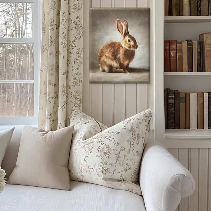 Vintage Rabbit Bunny Wall Art Decor Cute Bunny Print Picture Cottagecore Animal Wall Decor for Home Farmhouse Living Room 8x10 Inch Canvas Framed