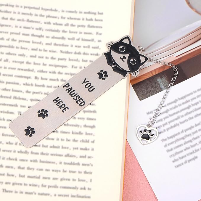 Cute Cat Bookmark, Zinc Alloy Kitten Paw Print Bookmarks Reading Gifts for Cat Lovers Funny Black Kitten Book Marks Animal Bookmark Gifts Book Accessories for Reading (Style C)