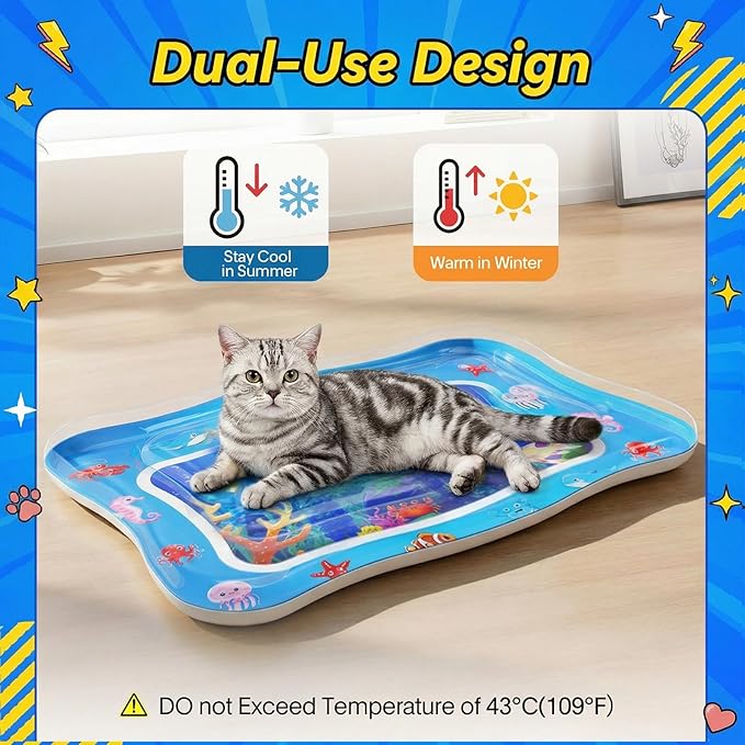 Cat Water Mat - Interactive Cat Toys Upgraded Thickened 0.7mm PVC Cooling & Heating Water Bed with Floating Fish, Anti-Scratch Leak Proof Foldable Water Sensor Play Mat for Cats