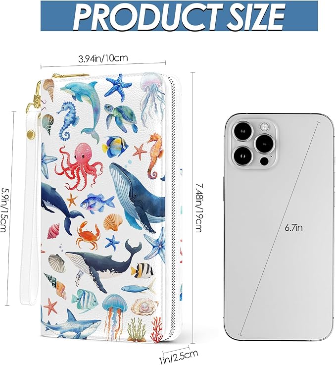 Womens Wallet, Sea Animals Wristlet Wallet For Women, Marine Life Card Holder Purse With Zipper, Birthday Christmas Graduation Gifts For Women, Aesthetic Office Daily Purse
