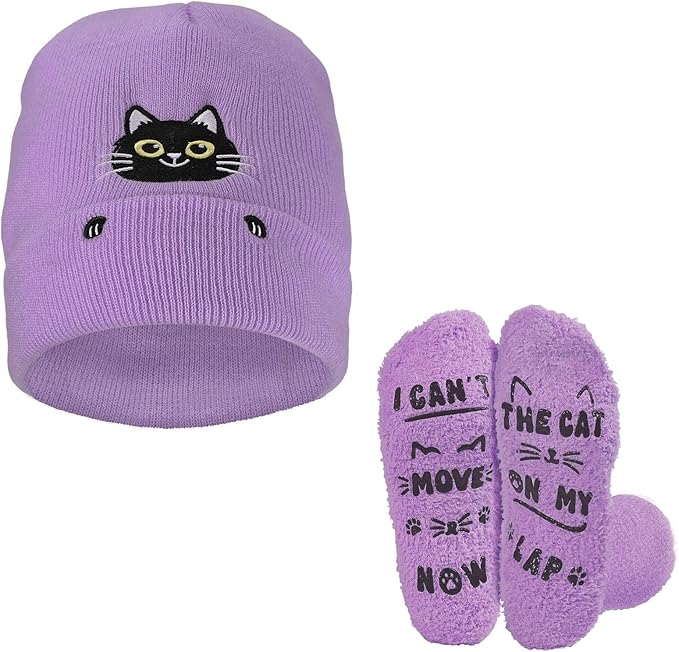 Cat Beanie and Funny Socks for Women - Cute Warm Gifts for Cat Lovers