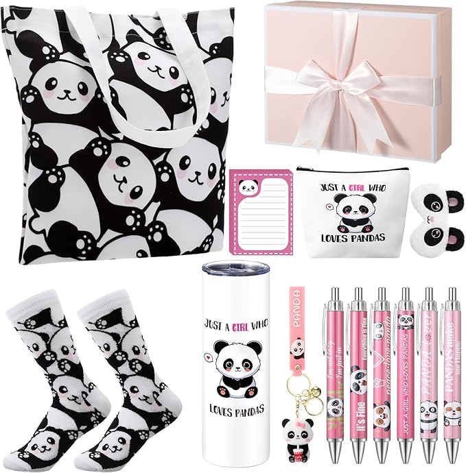 Wonderjune 14 Set Panda Gifts Baskets for Panda Lovers Birthday Gifts Set for Girls Kids Teens Mom Friend Sister Cute Valentines Thank You Birthday Presents Package Accessories