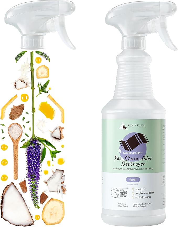kin+kind Pee+Stain+Odor Destroyer - Fabric+Carpet - Maximum Strength - Stops Re-Marking - USDA Certified Biobased - Floral - 32 fl oz