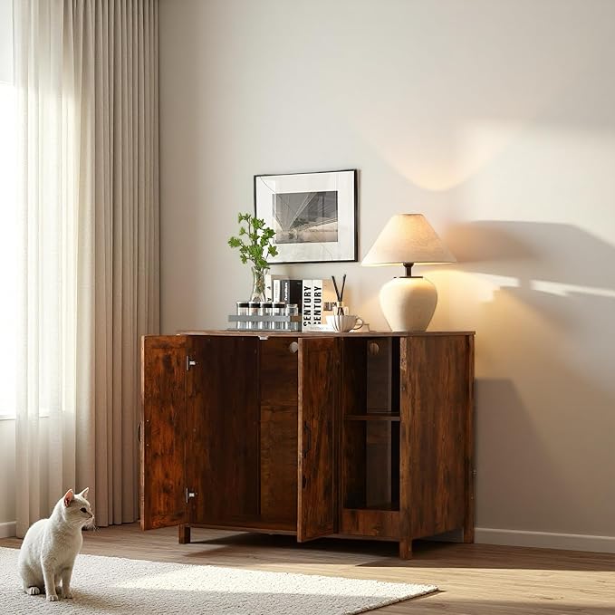 Litter Enclosure with Litter Collector, Litter Cabinet with Dog-Proof Adjustable Shelf, for Placing Cat Robot 3/4, Power Outlet(Rustic Brown)