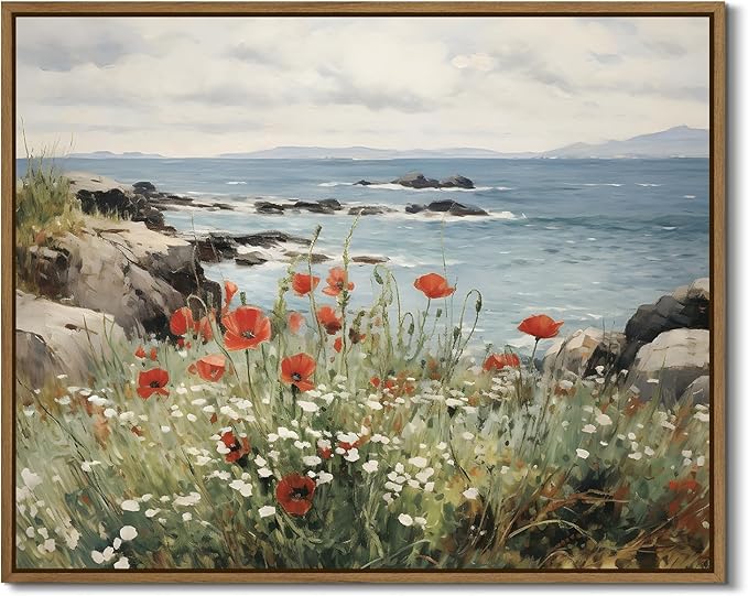 Nature Landscape Wall Art Floral Ocean Theme Pictures Wall Decor Red Poppy Canvas Prints Shoals Coastal Scenery Painting Framed for Living Room Bedroom Bathroom Home Office Decoration Gifts, 8x10 Inch