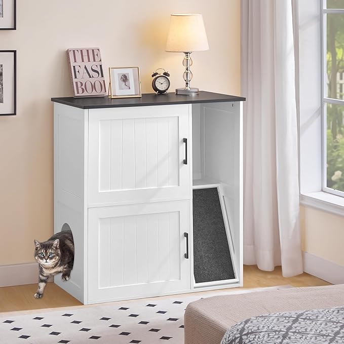 Litter Box Enclosure for 2 Cats, Hidden Litter Box Furniture with Scratch Pad, Double Litter Boxes Enclosure, Wooden Cat Washroom, Indoor Cat House End Table, White and Black CWBB3201