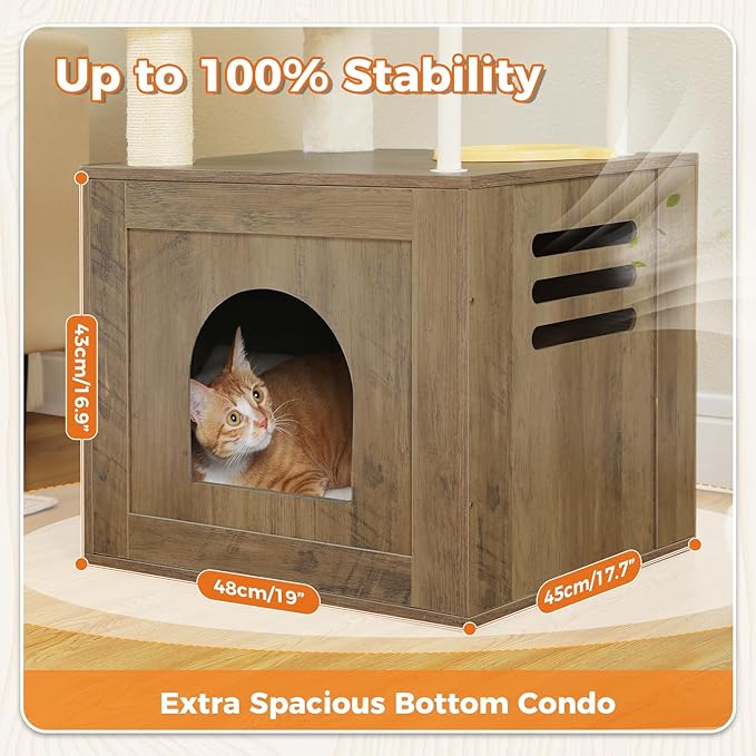 PAWZ Road Large Cat Tree with Food Station, 74.8 Inches Wooden Tall Cat Tower with Extra Large Condos and Hammocks,Spacious Perch,Sisal and Steel Posts, Scratching Mat for Indoor Adult Cats-Gray