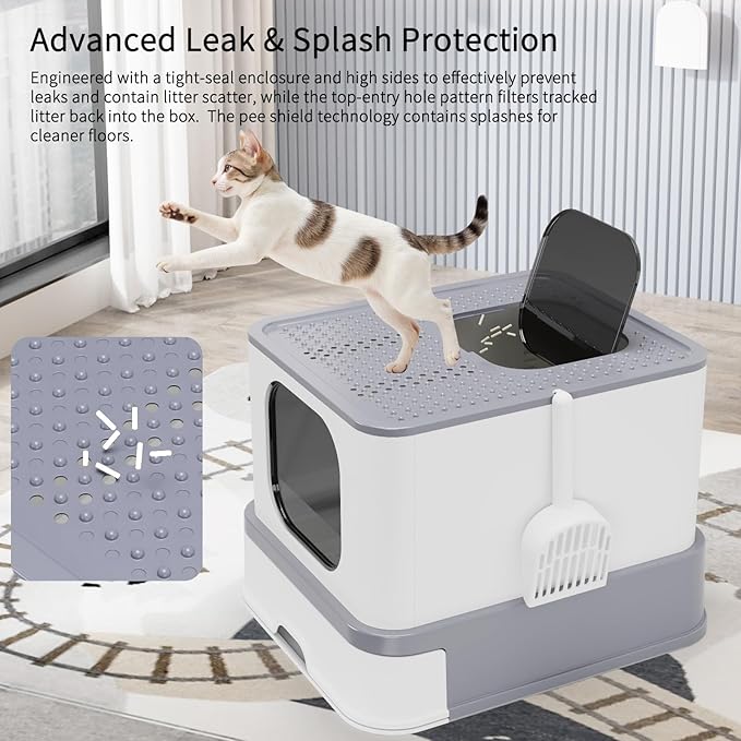RIZZARI Stainless Steel Cat Box: Light Gray Covered Design with High Sides to Prevent Leaks - Spacious Interior & Non-Stick Coating for Odor Control - Easy-Clean Drawer - Bathroom or Living Room Use