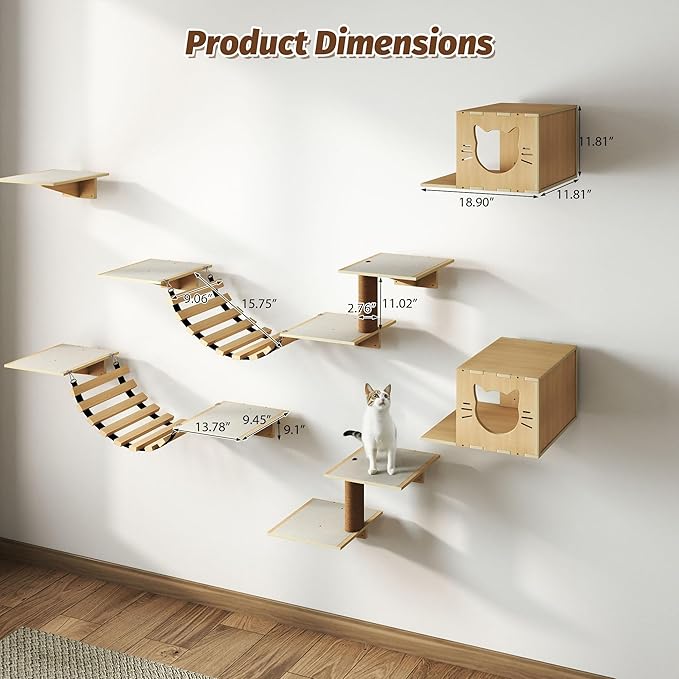 COZIWOW Cat Wall Shelves, 8-In-1 Cat Wall Furniture Set, Wood Large Cat Shelves for Wall with Scratching Post, Indoor Cat Climbing Wall Activity Center for Climb, Play, Rest, and Scratch, Natural Wood
