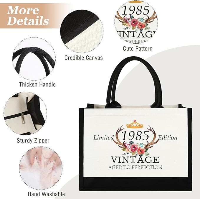GevGuxLuo 40th Birthday Gifts for Women Canvas Tote Bag, 40 Years Old Birthday Gifts for Mom Wife Aunt Friends Her,Turning 40 Beach Bag Reusable Grocery Bag 1985 Women Tote Bag
