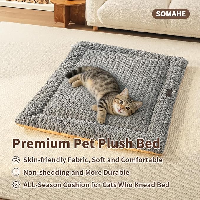 SOMAHE Plush Cat Kneading Bed Mat, Premium Plush Fabric Bed with Non-Slip Bottom, 3cm Thick All-Season Cushion for Cats Who Knead, Machine Washable Anti-Static Pet Bed, 23x15 Inch, Grey