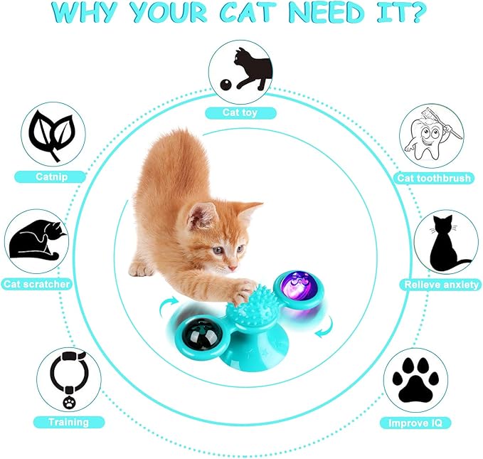 Interactive Windmill Cat Toys with Catnip : Cat Toys for Indoor Cats Funny Kitten Toys with LED Light Ball Suction Cup‖Cat Nip Toy for Cat chew Exercise (Blue)