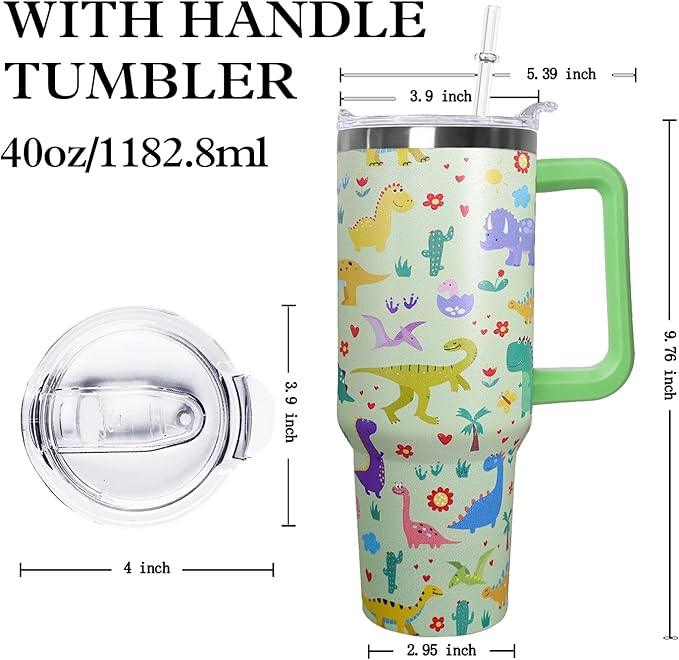 Stainless Steel Dinosaur Tumbler - 40 oz, Coffee Travel Mug with Lid and Straw, Perfect Dinosaur Gifts for Women
