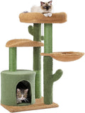 MUTTROS Cactus Cat Tree, Multi-Level Cat Tower with Large Metal Carpet Hammock, Cat Scratching Post for Indoor Cats with Condo & Replaceable Toy Ball, Green