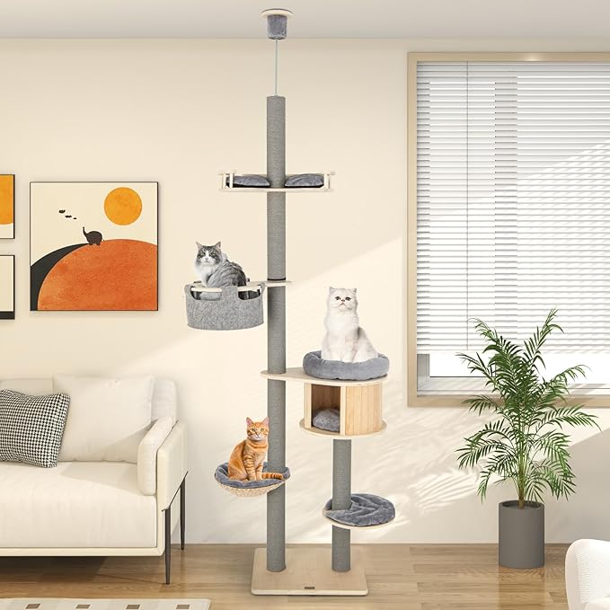 Tangkula Floor to Ceiling Cat Tree, 5 Tier Tall Cat Tower with Adjustable Height (100-110 Inch) for Large Cats, Wood Cat Climbing Pole with Cat Condo, Scratching Post, Cattail Basket Bed, Hammock