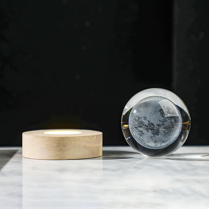 Crystal Moon Crystal Ball with Light Base Night Light 2.3Inches Glass Moon Globe Home Decor Birthday Gift for Women, Friends, Family
