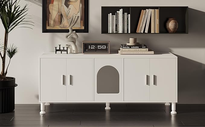 Double Litter Box Enclosure with Cat Scratch Mat & Motion Sensor Light, Wooden Litter Box TV Stand for 2 Litter Boxes & 2 Cats (White)