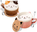 2PCS Cute Mug Kawaii Cat Tea Cup Ceramic Coffee Mug with Lid,Tea Cups and Saucers for Dessert tea mug cute gifts Cat lover Gifts For Women Anime gift for Women Christmas Gifts 10oz (Pink+Brown)