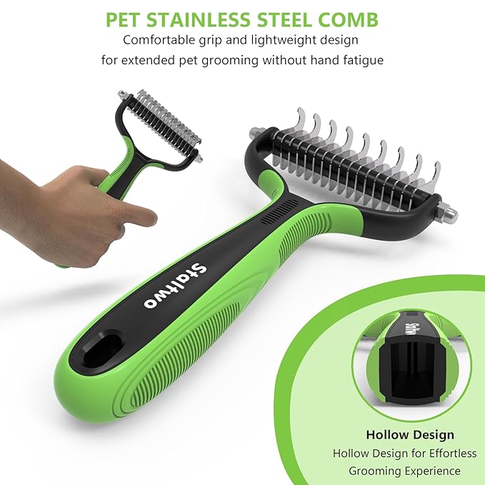 Pet Grooming Supplies - 2-in-1 Professional Undercoat Rake and Pet Brush | Shedding Control for Long Haired Dogs and Cats, Deshedding Tool, Furminator for Dogs, Green