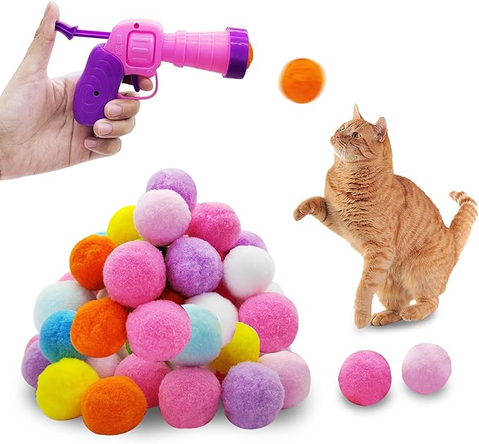 Andiker Cat Toy Balls Set, 30pcs Plush Cat Pom Pom Balls&a Plastic Launcher Set for Kitten Catch&Fetch Interactive Cat Toy with Colorful&Soft Cat Balls for Indoor Cats to Keep Fit (Pink 30pcs)