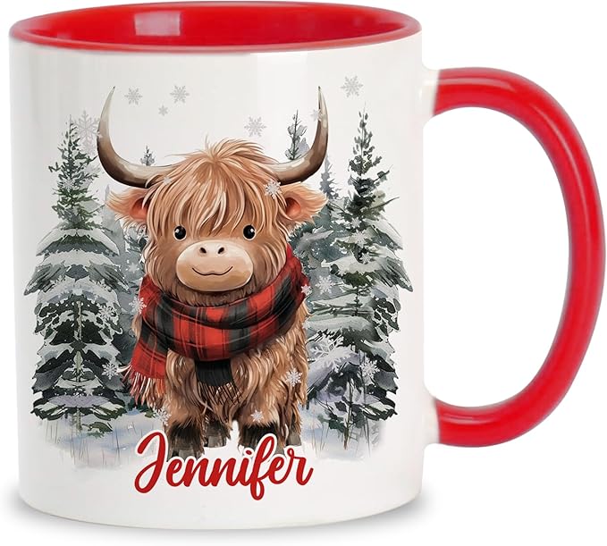 Hyturtle Personalized Winter Highland Cow Coffee Mug - Birthday Christmas Gifts For Cow Lovers - Cute Cows Gifts For Boys Girls Women - Highland Cows 11oz Two Tone Color Red/White Ceramic Tea Mug Cup