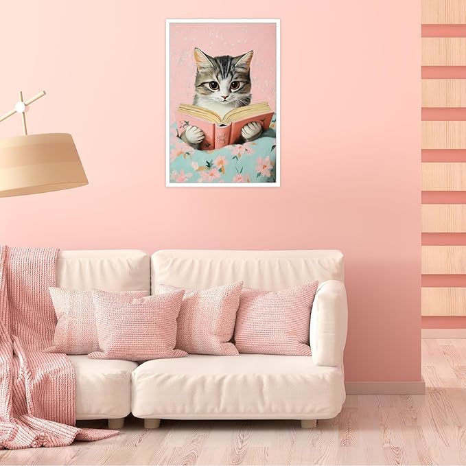 Vintage Cat In Bed Canvas Wall Art Funny Cute Cats Reading Books Poster Retro Pink Girls Room Pet Animal Aesthetic Prints Painting For Home Bedroom Kids Room Dorm Wall Decor 8x12in Unframed