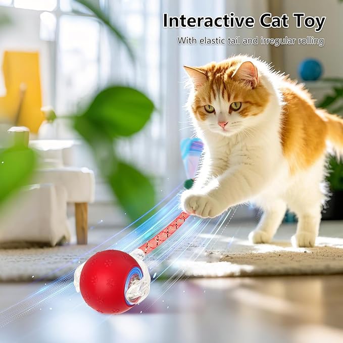 Upgraded Interactive Cat Toy, cat Toys for Indoor Cats, Automatic Kitten Ball with Mesh Elastic Tail, Moving Cat Toy for Bored Indoor Adult Cats, Motion Activated