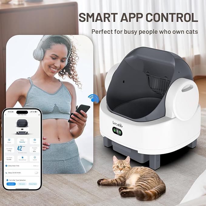 Self Cleaning Litter Box, Multiple Smart Safety Sensor, Open Top Automatic Litter Box, Large Capacity Multiple Cats, with APP Control/1 Trash Bag/1 Litter Mat, Cat Litter Box Automatic Cleaning