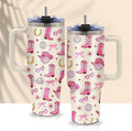 Cowgirl Pink Tumbler 40oz with Handle - Western Gifts for Women, Insulated Travel Mug, Cow Print Water Bottle, Country Girl Stuff for Horse Lovers Rodeo Mom, Christmas Birthday Present