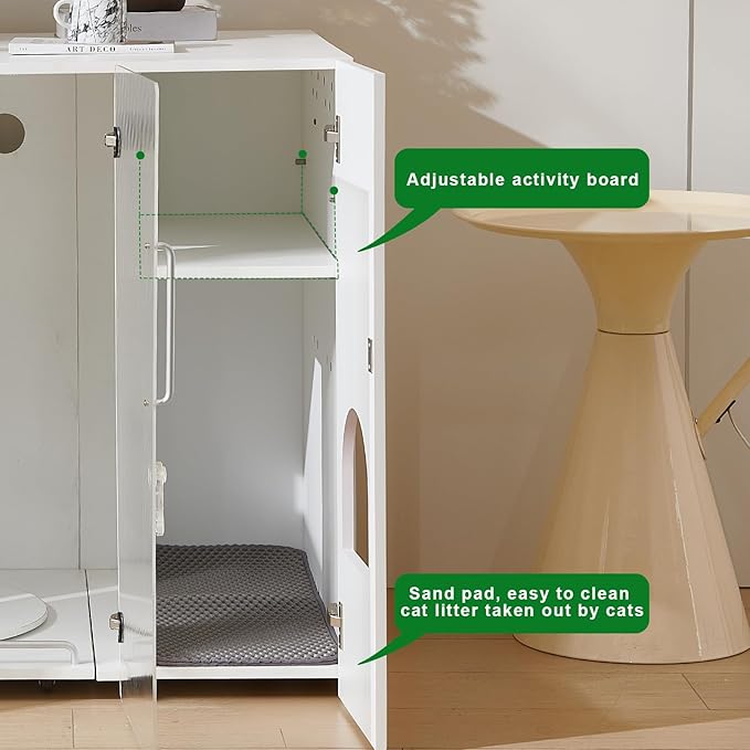 Cat Litter Box Enclosure - Dog Proof Cat Litter Box with Pull-Out, Rotating Features, Includes Power Outlet and Acrylic Wave-Patterned Door Panels with Lock,Elegant White
