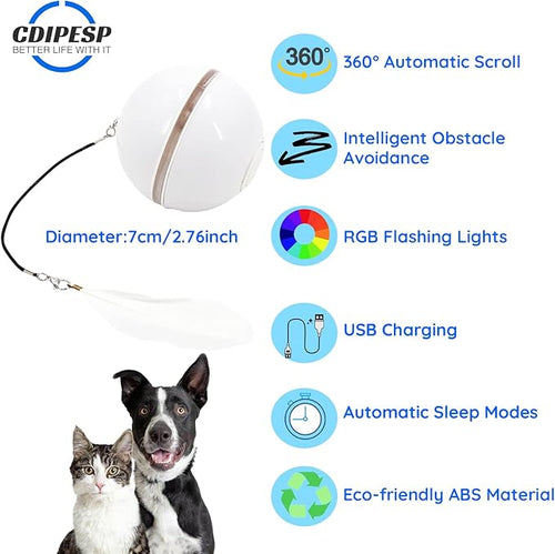 Automatic Active Rolling Ball for Cats, Self Moving Interactive Dog Toys for Boredom, Wicked Ball for Small Dogs/Cats with LED Lights, USB Rechargeable(White)
