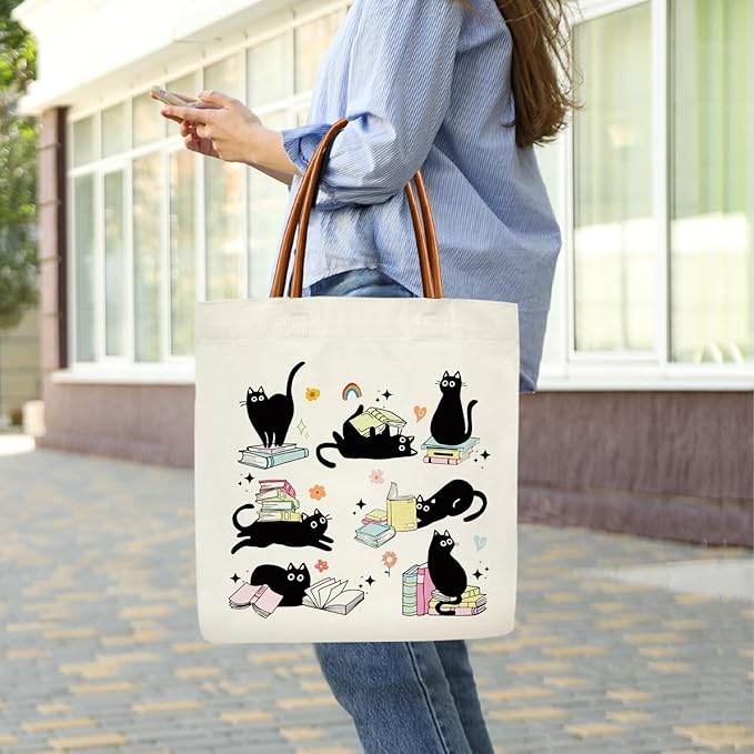 Black Cat Mom Book Lover Tote Bag for Women, Black Cat Gifts for Women Pet Owner, Mother's Day Birthday Kitten Gifts Grocery Lover Books Reader Aesthetics Tote Bag -PI07