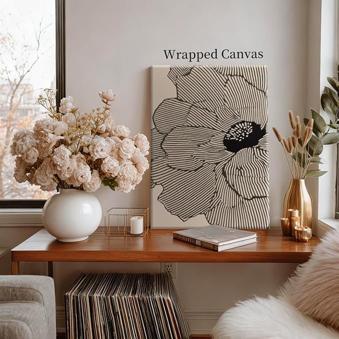 Abstract Black and Beige Flowers Canvas Wall Art, Neutral Floral Lines Poster, Modern Minimalist Floral Wall Decor, Boho Botanical Sketch Art Print for Living Room Bedroom 16x20in Wrapped Canvas