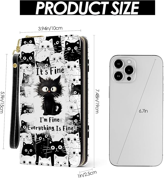 Fine Cat Womens Wallet, Funny Black Cat Wristlet Wallet For Cat Lovers, It's Fine Credit Card Holder Purse, Birthday Christmas Graduation Gifts For Women Mom, Travel Office Daily Purse