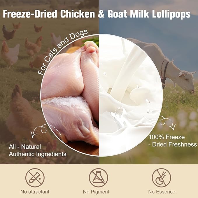 Memorjew 25PCS Chicken & Goat Milk Freeze- Dried Lollipops｜Individually Wrapped, Portable Dental Food for Dogs & Cats (Chicken & Goat Milk Flavor, 25pcs)