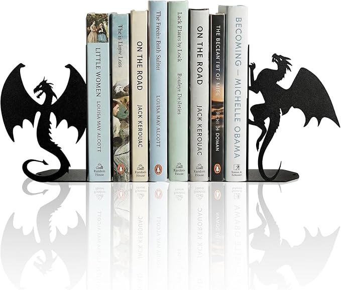 Dragon Bookends Decorative Metal Book Ends for Shelves, Unique Office Desk Bookends Cute Stoppers Reading, Bookshelf Decor for Office School Bedroom Gift for Dragon Lovers and Reading Enthusiasts